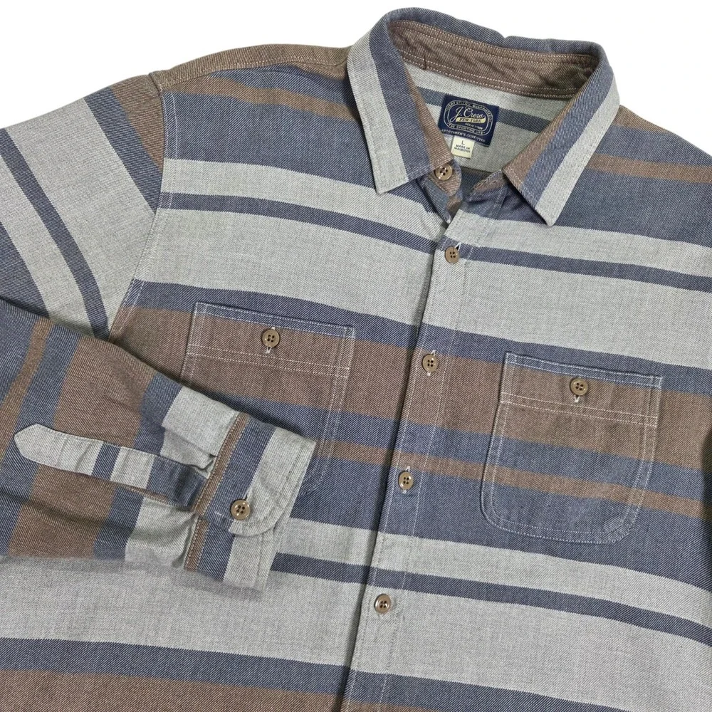 J. Crew‎ Flannel Shirt Men Large Gray Brown Striped Excellent Cotton Preppy